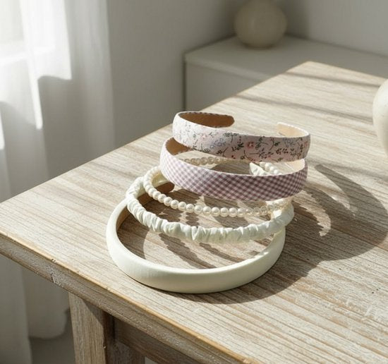 8721438343591 Set van 6 haarbanden voor dames en meisjes – elegante diadeem set in crème, roze en bloemmotief – haaraccessoires met parels, stof en satijn