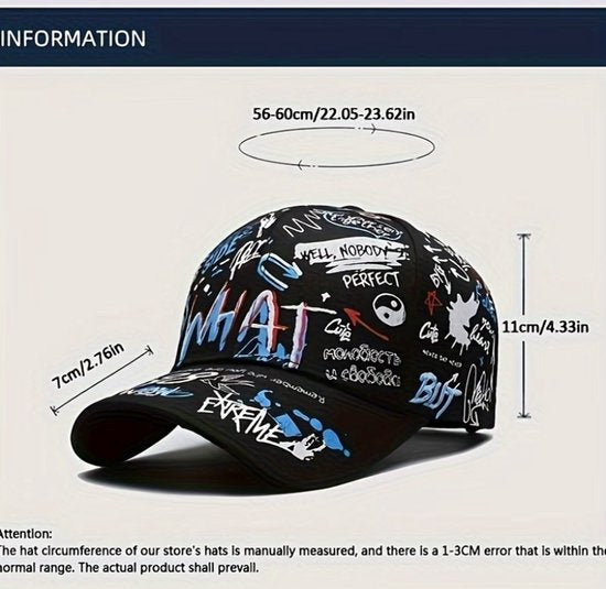 Wit graffiti print baseball pet dames en heren – cap met tekst en street art patroon – verstelbare hip hop baseball pet met gebogen klep – witte casual pet voor streetwear en dagelijks gebruik