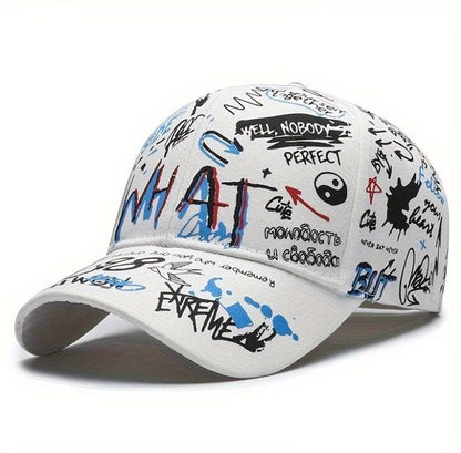 Wit graffiti print baseball pet dames en heren – cap met tekst en street art patroon – verstelbare hip hop baseball pet met gebogen klep – witte casual pet voor streetwear en dagelijks gebruik