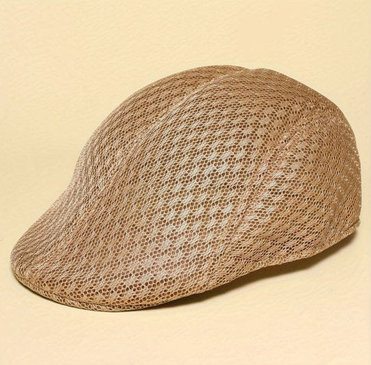 Khaki mesh flat cap heren en dames – ademende retro pet met lichtgewicht design – Koreaanse stijl forward cap met gebogen vorm voor outdoor en dagelijks gebruik