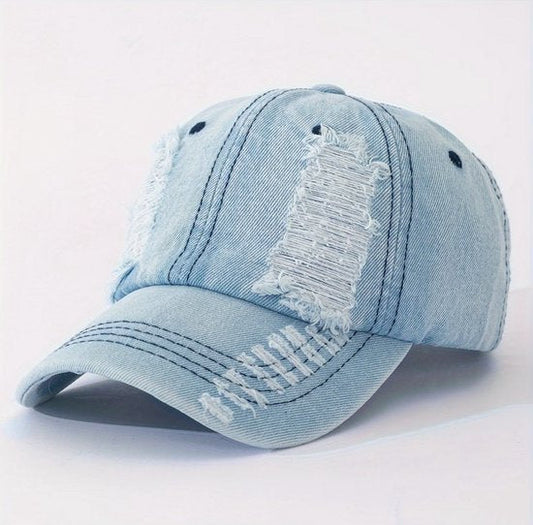 Lichtblauw distressed denim baseball pet dames en heren – cap met gescheurde jeans look en gebogen klep – verstelbare vintage baseball pet met washed effect – unisex casual pet voor streetwear