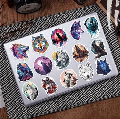 Multikleur wolf stickers set 50 stuks – artistieke wolf stickers met kleurrijke illustraties – pvc plak stickers voor kinderen en volwassenen – decoratieve sticker set
