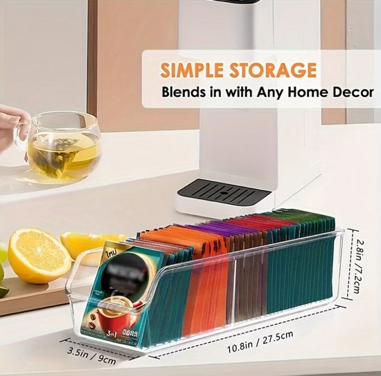 Transparante thee opbergdoos 2 vakken kunststof thee organizer voor keuken en kast – compacte opberg box voor theezakjes en losse thee – minimalistisch design met stevige constructie en overzichtelijke indeling