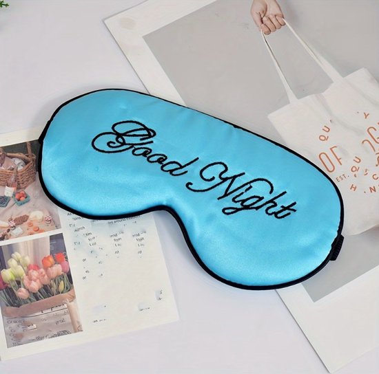 Blauw slaap masker oog masker dames en heren – satijn look slaapmasker met “Good Night” borduurwerk en elastische band, bedekkend oog masker voor slapen, reizen en rustmomenten