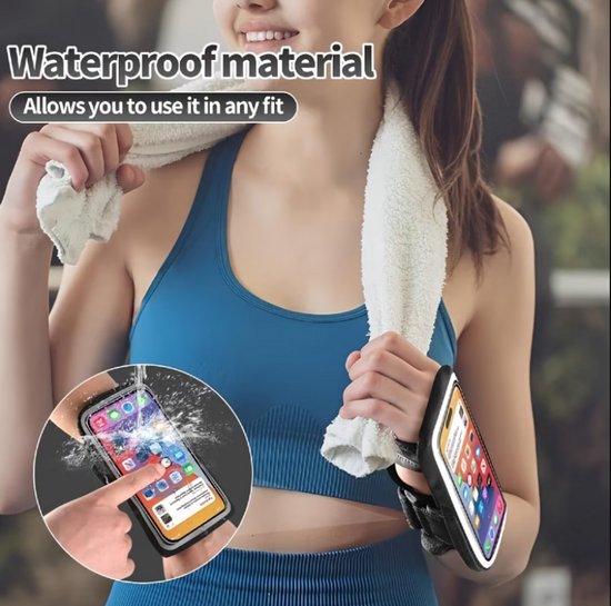 Zwart sport armband telefoon hoesje dames heren – pols houder telefoon hoes met transparant scherm en rits vak – elastische hardloop armband met kaart vak voor smartphone geschikt voor hardlopen fitness wandelen