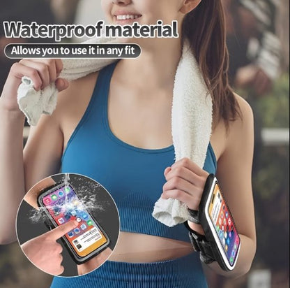 Zwart sport armband telefoon hoesje dames heren – pols houder telefoon hoes met transparant scherm en rits vak – elastische hardloop armband met kaart vak voor smartphone geschikt voor hardlopen fitness wandelen