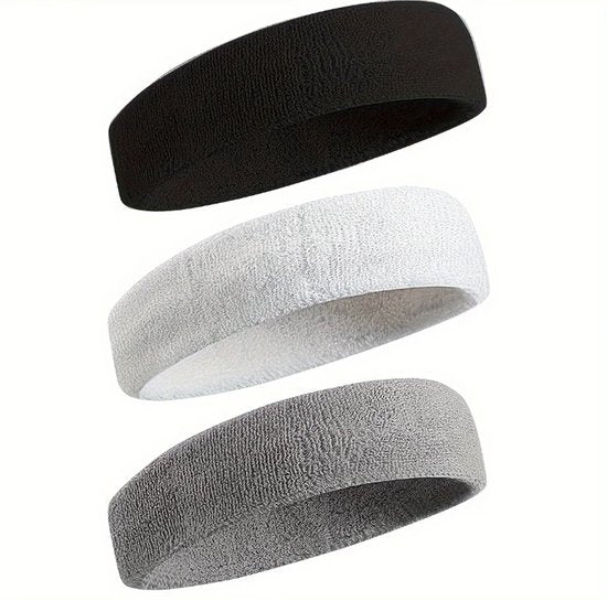 Zwart wit grijze sport hoofdband set voor dames en heren – 3 delige zweetband haarband set met zachte textiel structuur – elastische sport hoofdbanden voor fitness, hardlopen, gym en training