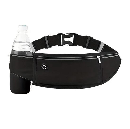 Zwarte sport heuptas unisex running belt hardloop heuptas met verstelbare tailleband ritsvak reflecterende details en waterfles houder geschikt voor telefoon sleutels pasjes en 500 ml fles voor hardlopen fitness wandelen