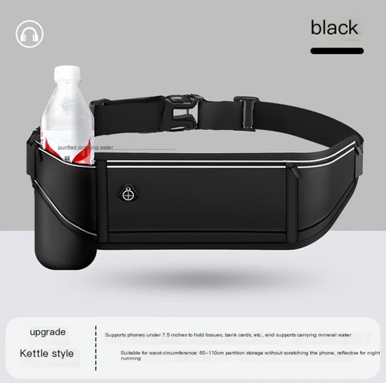 Zwarte sport heuptas unisex running belt hardloop heuptas met verstelbare tailleband ritsvak reflecterende details en waterfles houder geschikt voor telefoon sleutels pasjes en 500 ml fles voor hardlopen fitness wandelen