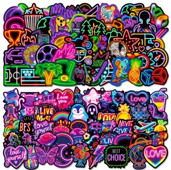 Multikleur neon stickers set 100 stuks – graffiti stickers met paarse en kleurrijke illustraties – pvc plak stickers voor kinderen en volwassenen – decoratieve sticker set
