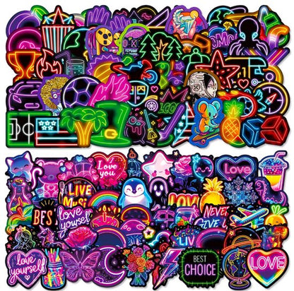 Multikleur neon stickers set 100 stuks – graffiti stickers met paarse en kleurrijke illustraties – pvc plak stickers voor kinderen en volwassenen – decoratieve sticker set