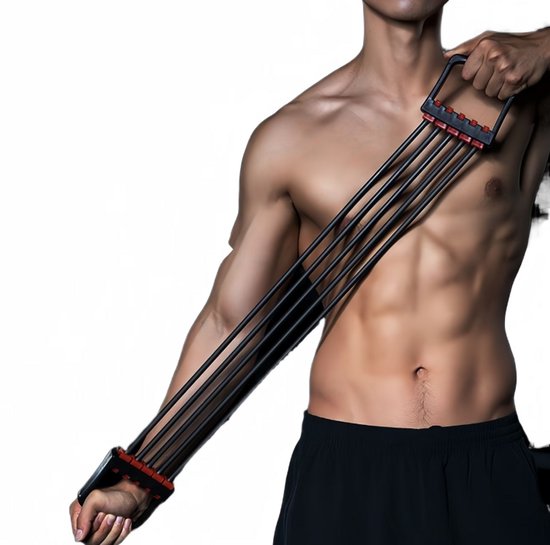 Zwart weerstandsband borst expander fitness trainer met 5 elastische tubes – verstelbare fitness weerstand band met handgrepen – workout hulpmiddel voor krachttraining, spiertraining en thuis fitness