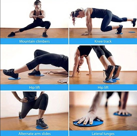 Paars fitness glijschijven buikspier trainer dames en heren pilates schuifschijven set 2 stuks met gladde kunststof bovenzijde en zwarte onderzijde voor core training yoga fitness en thuis workout
