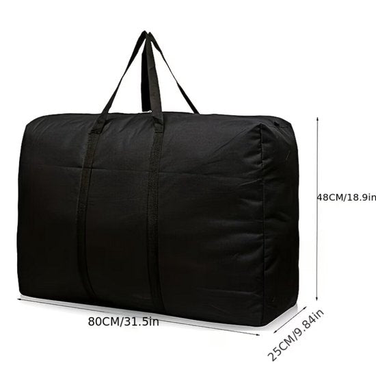 Zwarte reistas grote opbergtas unisex extra ruim rechthoekig model met dubbele handgrepen en ritssluiting geschikt voor reizen verhuizing en opslag 80x48x25 cm weekendtas