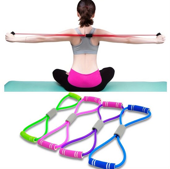 Roze 8 vorm weerstandsband fitness trainer – elastische fitness weerstand tube met handgrepen voor borst, armen en schouders – compact workout hulpmiddel voor krachttraining en revalidatie oefeningen