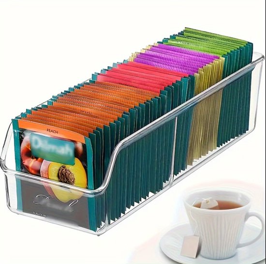 Transparante thee opbergdoos 2 vakken kunststof thee organizer voor keuken en kast – compacte opberg box voor theezakjes en losse thee – minimalistisch design met stevige constructie en overzichtelijke indeling