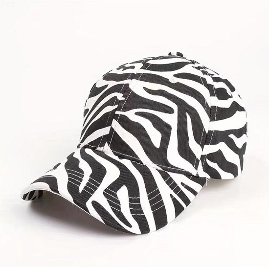 Zwart wit zebra print baseball pet dames en heren – cap met dierenprint en gebogen klep – verstelbare casual baseball pet met zebra patroon – zwart witte pet voor outdoor en dagelijks gebruik