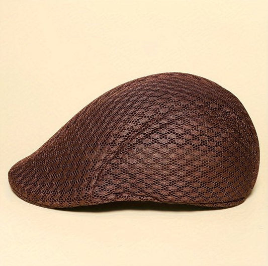 Koffiebruine mesh flat cap heren en dames – ademende retro pet met lichtgewicht design – Koreaanse stijl forward cap met gebogen vorm voor outdoor en dagelijks gebruik
