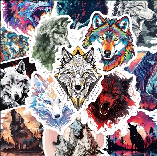 Multikleur wolf stickers set 50 stuks – artistieke wolf stickers met kleurrijke illustraties – pvc plak stickers voor kinderen en volwassenen – decoratieve sticker set