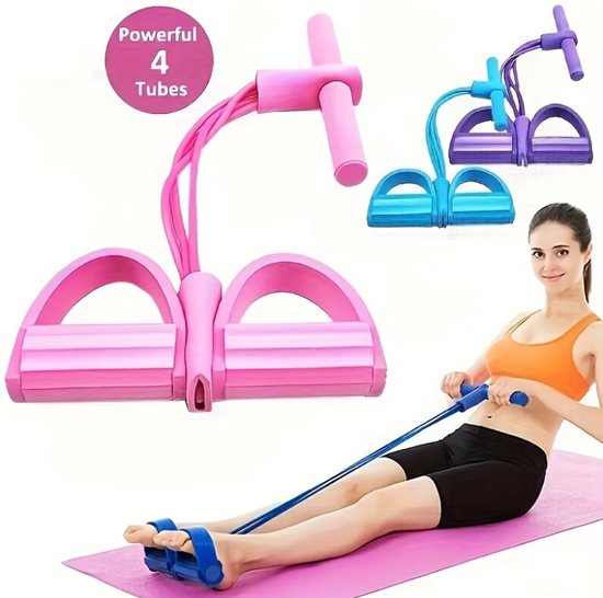 Blauw weerstandsband fitness trainer met handgrepen en voetsteunen – fitness weerstand tube voor buikspier training en full body oefeningen – multifunctionele workout weerstandsband voor thuis training