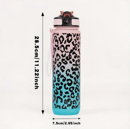 Gradiënt groen paars bidon drinkfles met panter print – bidon met draag lus en drink tuit – herbruikbare waterfles dames en heren – kunststof drinkfles met flip dop en luipaard patroon design