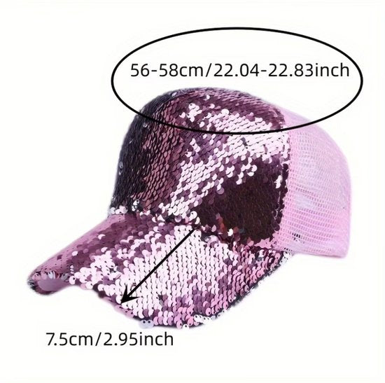 Zilver kleurige pailletten baseball pet dames – glanzende cap met kleurveranderende pailletten en mesh achterkant – verstelbare trucker pet met gebogen klep – opvallende dames pet voor feest en outdoor