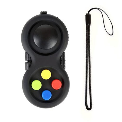 Zwart fidget toy stress speelgoed hand gadget met vier gekleurde drukknoppen en polskoord – hand fidget toy voor dames en heren – compact hand speelgoed met grote centrale knop en zijknop – draagbaar stress speelgoed voor in de hand