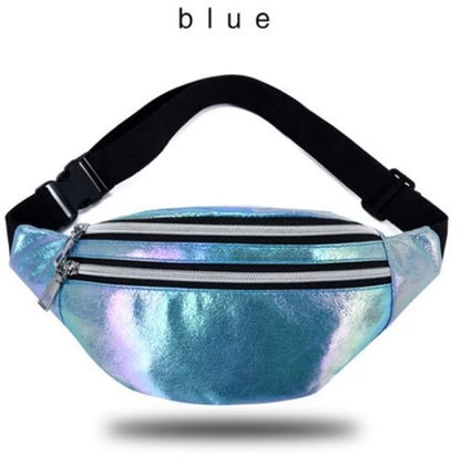 Blauw metallic heuptas dames en heren holografische heuptas verstelbare band met gesp meerdere rits vakken compact crossbody heuptasje glanzende laser look voor festivals reizen en dagelijks gebruik