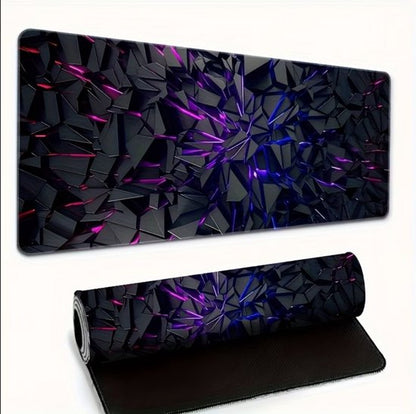 Zwart gaming muismat bureau onderlegger unisex XXL 60 x 30 cm met paars en blauw neon geometrisch patroon antislip rubber onderzijde