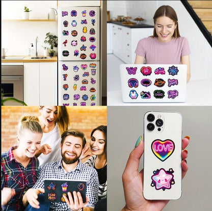 Multikleur neon stickers set 100 stuks – graffiti stickers met paarse en kleurrijke illustraties – pvc plak stickers voor kinderen en volwassenen – decoratieve sticker set