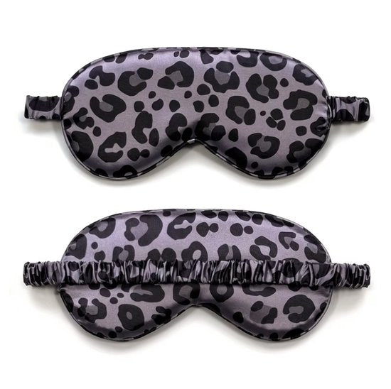 Zwart grijs luipaard print slaap masker oog masker dames en heren – satijn look slaapmasker met elastische band en dieren print design, bedekkend oog masker voor slapen, reizen en rustmomenten