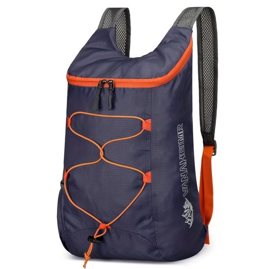 Opvouwbare sport rugzak donkerblauw oranje – lichtgewicht outdoor rugtas voor wandelen, fietsen en reizen – compacte sporttas met verstelbare schouderbanden en opbergvakken