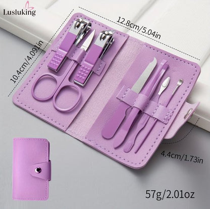 Paars manicure set nagelknipper set voor dames en heren 7 delig roestvrij staal nagel verzorging set met etui nagel tang pincet vijl en schaartje