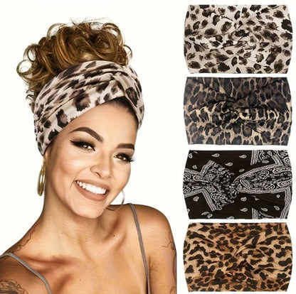 Beige bruine zwarte sport hoofdband set voor dames – 4 delige elastische haarband set met luipaardprint en bandana patroon – brede sport hoofdbanden voor yoga, hardlopen, fitness en training