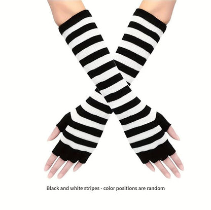 Zwart wit gestreepte functionele handschoenen met lange arm lengte – vingerloze gestreepte handschoenen voor dames – gebreide halve vinger handschoenen met lange pols en onderarm bedekking – gestreepte hand handschoenen