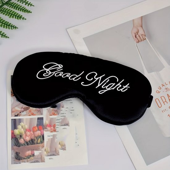 Zwart slaap masker oog masker dames en heren – satijn look slaapmasker met “Good Night” borduurwerk en elastische band, bedekkend oog masker voor slapen, reizen en rustmomenten