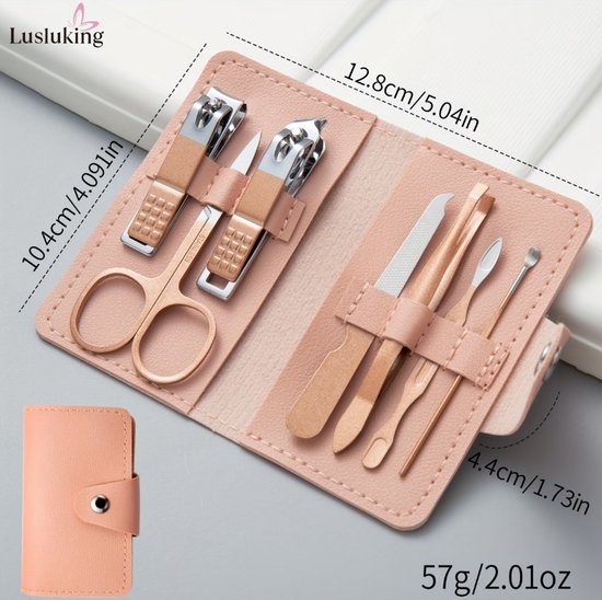 Roze manicure set nagelknipper set voor dames en heren 7 delig roestvrij staal nagel verzorging set met etui nagel tang pincet vijl en schaartje