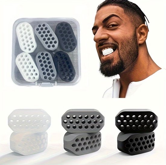 Zwart wit grijs kaak trainer mond trainer unisex kaak oefenaar set met opbergdoos 6 stuks siliconen mond trainer met ventilatie gaten kaaklijn oefenaar verschillende weerstand niveaus