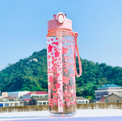Transparant roze waterfles bidon dames met bloemen patroon en draaglus – herbruikbare sport waterfles met rietje en flip drinkdop voor fitness school reizen outdoor wandelen en dagelijks gebruik
