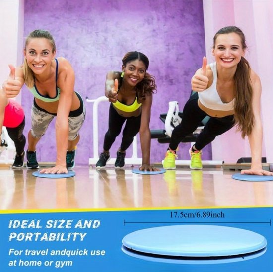 Paars fitness glijschijven buikspier trainer dames en heren pilates schuifschijven set 2 stuks met gladde kunststof bovenzijde en zwarte onderzijde voor core training yoga fitness en thuis workout