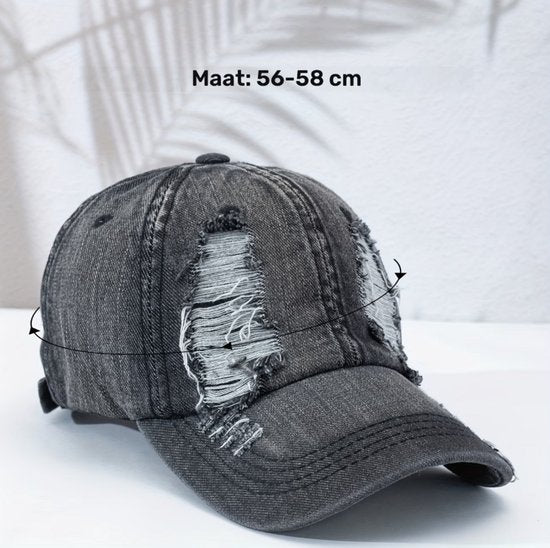 Lichtblauw distressed denim baseball pet dames en heren – cap met gescheurde jeans look en gebogen klep – verstelbare vintage baseball pet met washed effect – unisex casual pet voor streetwear