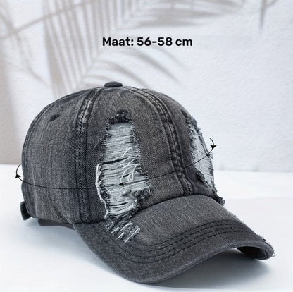 Lichtblauw distressed denim baseball pet dames en heren – cap met gescheurde jeans look en gebogen klep – verstelbare vintage baseball pet met washed effect – unisex casual pet voor streetwear