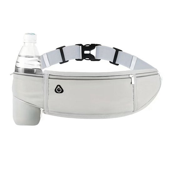 Grijze sport heuptas unisex running belt hardloop heuptas met verstelbare tailleband ritsvak reflecterende details en waterfles houder geschikt voor telefoon sleutels pasjes en 500 ml fles voor hardlopen fitness wandelen