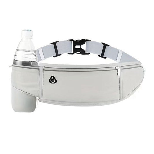 Grijze sport heuptas unisex running belt hardloop heuptas met verstelbare tailleband ritsvak reflecterende details en waterfles houder geschikt voor telefoon sleutels pasjes en 500 ml fles voor hardlopen fitness wandelen