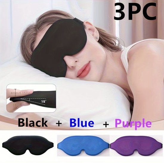 Zwart blauw paars 3D slaap masker oog masker dames en heren – 3 delige set oog contour slaapmasker met verstelbare elastische band, licht blokkerend oog masker voor slapen, reizen en ontspanning