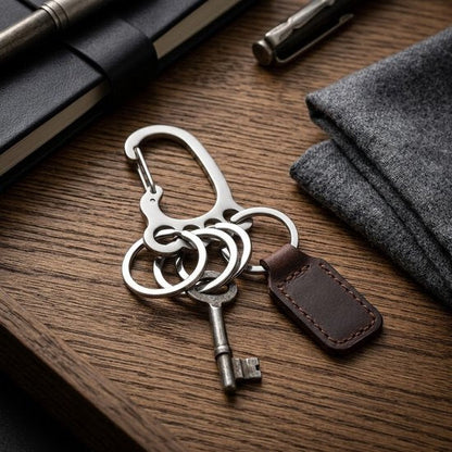 8721438355334 Zilverkleurige metalen sleutelhanger met karabijnhaak en 4 sleutelringen, roestvrij staal sleutel organizer dames en heren, compacte keychain voor sleutels en tas