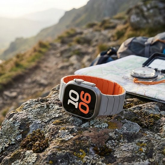 8721438361335 Sterrenlicht oranje horlogebandje smartwatch dames en heren magnetisch sport siliconen band geschikt voor Apple Watch 42 mm 44 mm 45 mm 46 mm 49 mm tweekleurig sportief ontwerp vervangende watch band