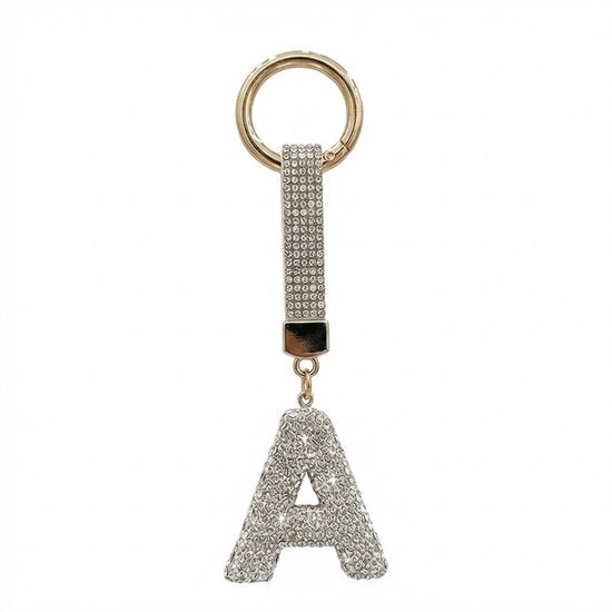 8721438353774 Zilverkleurige sleutelhanger met letter A en strass steentjes – initial sleutelhanger voor dames en heren – metalen sleutel hanger met ronde ring en decoratieve letter hanger