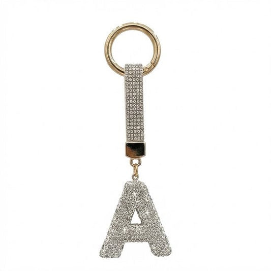 8721438353774 Zilverkleurige sleutelhanger met letter A en strass steentjes – initial sleutelhanger voor dames en heren – metalen sleutel hanger met ronde ring en decoratieve letter hanger