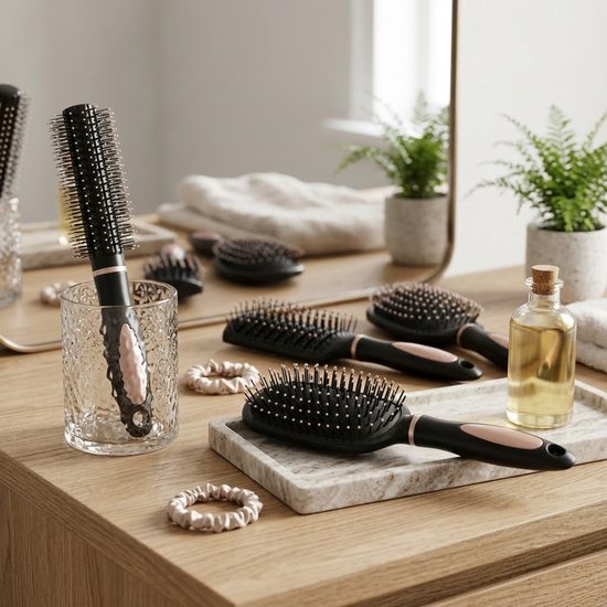 8721438352357 Zwart haarborstel set 4 delig voor dames en heren krullen haarborstel met air cushion ontwerp en kunststof pinnen geschikt voor dagelijks gebruik en krullend haar